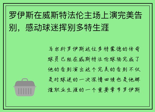 罗伊斯在威斯特法伦主场上演完美告别，感动球迷挥别多特生涯
